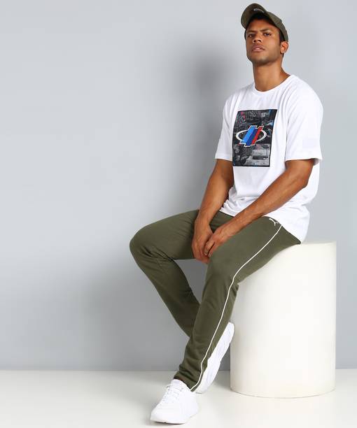 Slub Sweatpants Men Solid Green Track Pants