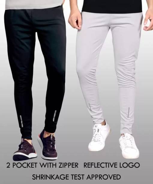 Pack of 2 Men Solid Black, Silver Track Pants