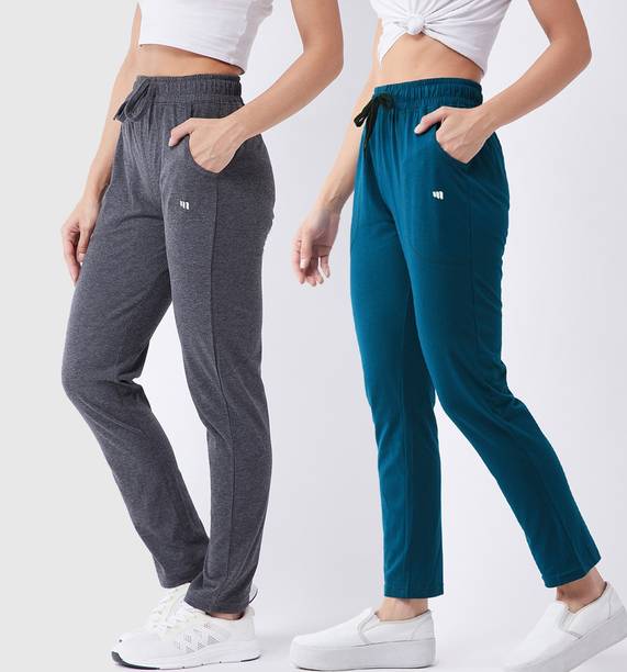 Pack of 2 Women Solid Green, Grey Track Pants