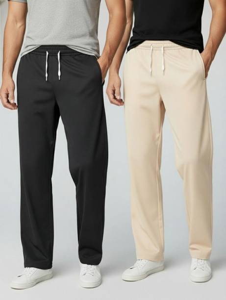 Pack of 2 Men Loose Fit Black, Beige Lycra Blend Trousers
