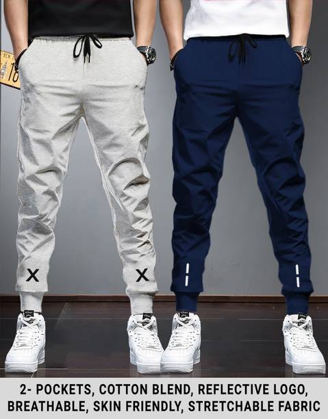 Pack of 2 Men Printed Grey, Dark Blue Track Pants