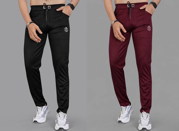 Pack of 2 Men Solid Black, Maroon Track Pants