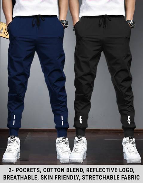 Pack of 2 Men Printed Dark Blue, Black Track Pants