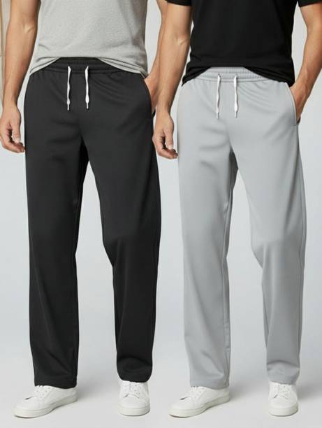 Pack of 2 Men Loose Fit Black, Silver Lycra Blend Trousers