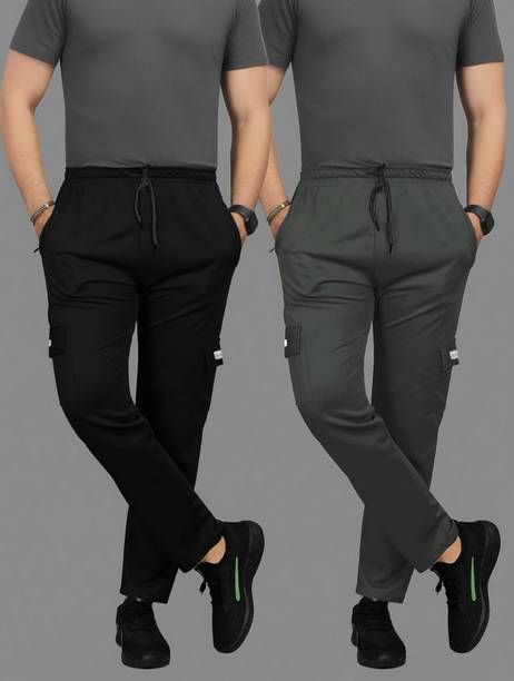 Pack of 2 Men Solid Black, Dark Green Track Pants