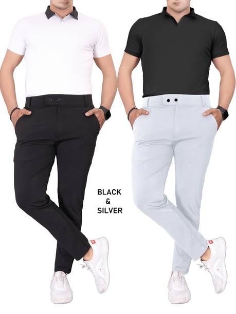 Pack of 2 Men Solid Black, Silver Track Pants