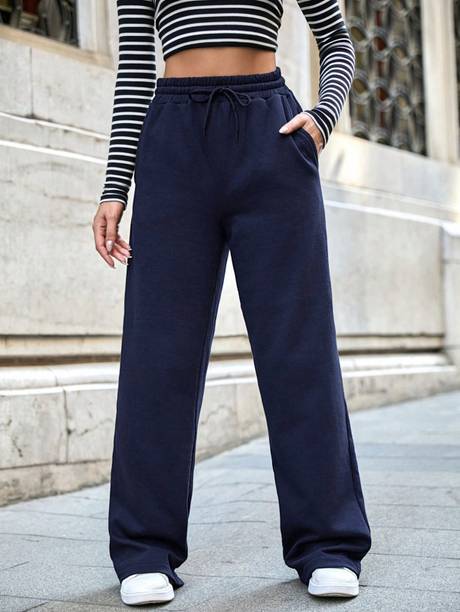 Women Solid Black, Dark Blue Track Pants