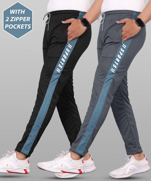 Pack of 2 Men Striped Black, Grey Track Pants