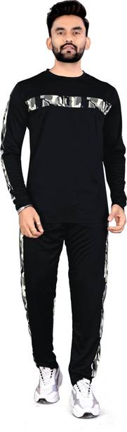 Men's Black Top & Pyjama Set - Colorblock, Striped
