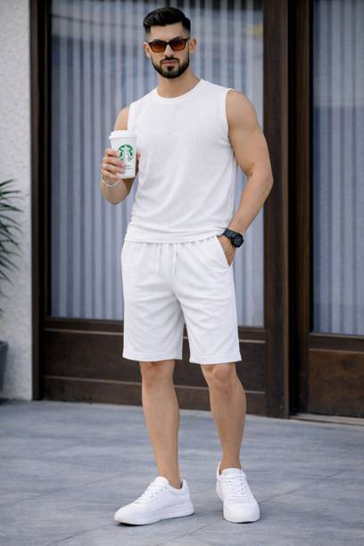 Men Night Suit Set in White Solid