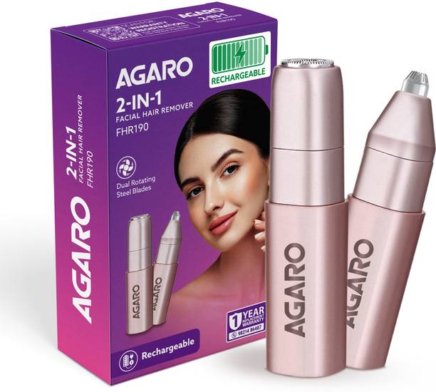 AGARO Facial Hair Remover & Eyebrow Trimmer FHR190, Rose Gold, Rechargeable, Safe Trimmer 90 min Runtime 0 Length Settings