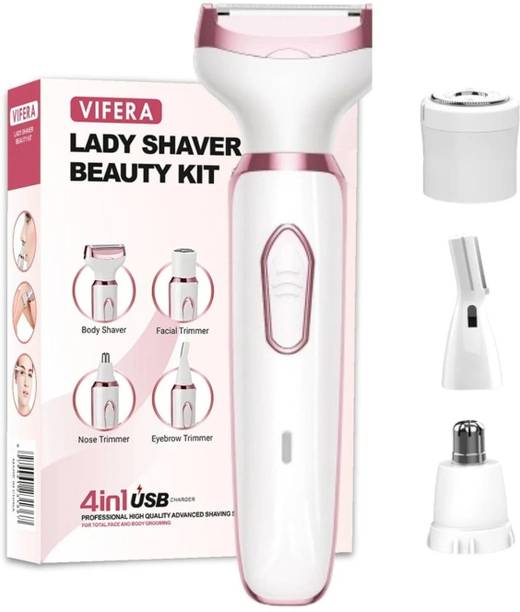 VIFERA 4-in-1 Rechargeable Face & Body Hair Trimmer for Women-90 min Battery Life Fully Waterproof Body Groomer 90 min  Runtime 0 Length Settings