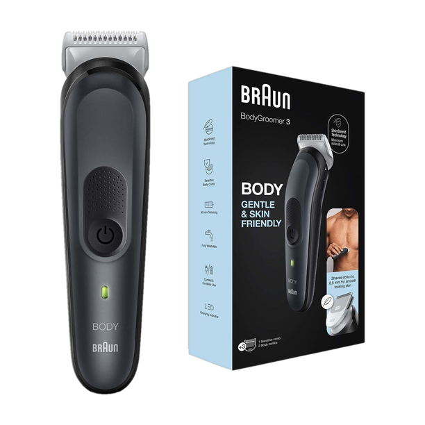 Braun Body Groomer 3 for Men, BG3340, Manscaping Tool, SkinShield Tech, Sensitive Comb Fully Waterproof Body Groomer 80 min Runtime 3 Length Settings