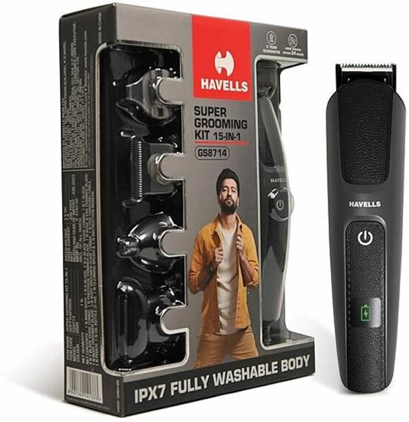 HAVELLS Trimmer GS8714 15 IN 1 (Black) Fully Waterproof Grooming Kit Fully Waterproof Trimmer 90 min Runtime 10 Length Settings