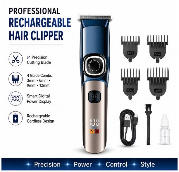 MynxeHTC Rechargeable Hair Clipper with Smart Display and 4 Guide Combs Professional A1 Fully Waterproof Trimmer 100 min  Runtime 4 Length Settings