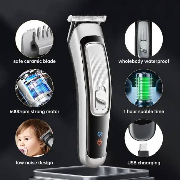 Zike AT 509 Popular Hair Trimmer, Push-Button Design Household Men Electric Cordless Fully Waterproof Trimmer 45 min Runtime 4 Length Settings
