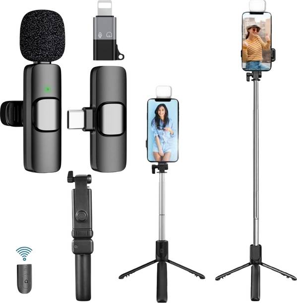 GADGETSWEAR (Combo with Wireless K8 Mic) Selfie Stick with Tripod Stand, For Youtube, Vlog Tripod Kit