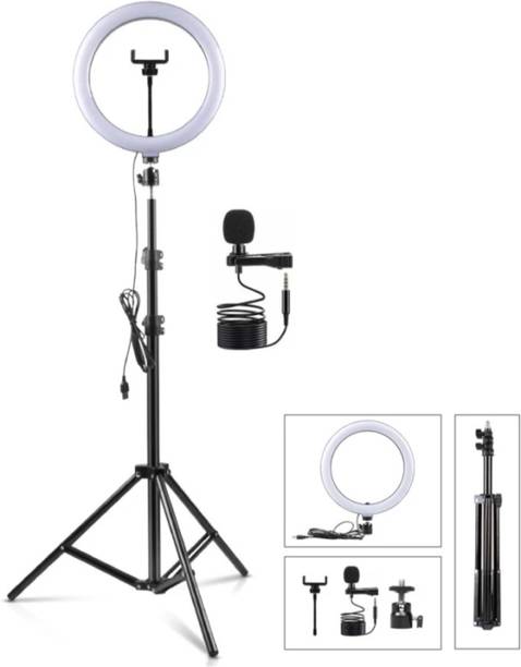 MOTOFLY 10" Selfie LED Light, Phn Holder, 7Ft Long Stand,360'5m long collar mic-kit Tripod Kit
