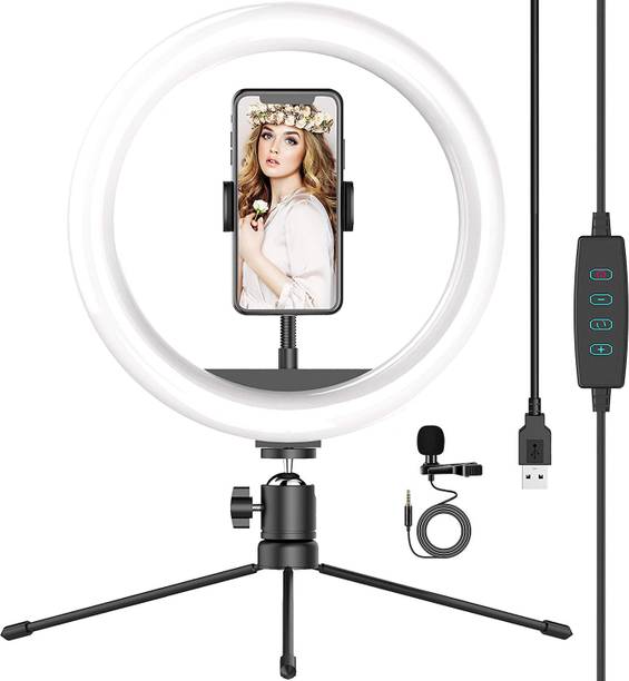 ADZOY Mini Desk Tripod of 7" Height & 10" LED Ring Light with Lapel Collar Mic Tripod