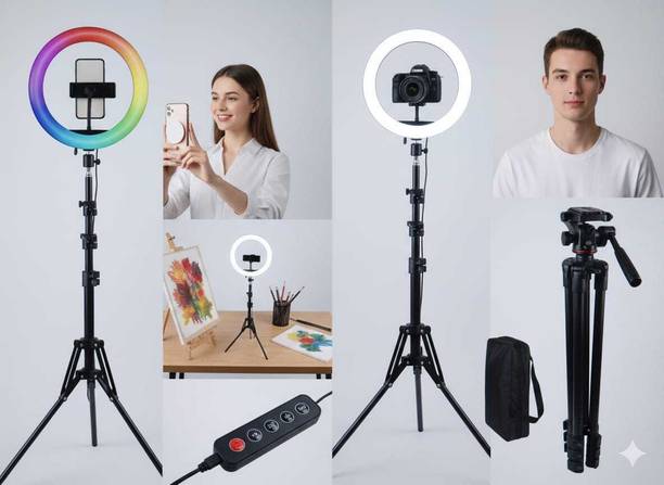 airtech Big Tripod Stand for Live Stream-LED RGB Ring Light-10 Inch (Black) Tripod Kit