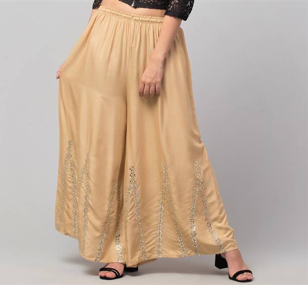 MENSIMPRESSION Women Flared Beige Viscose Rayon Trousers