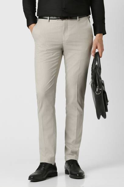 Men Slim Fit Grey Polyester Trousers
