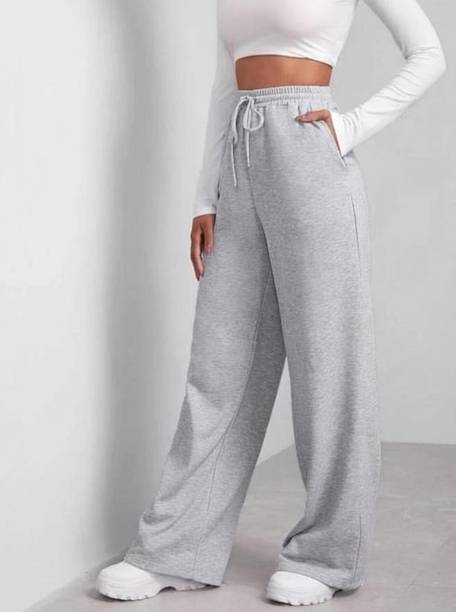 Women Loose Fit Grey Cotton Blend Trousers