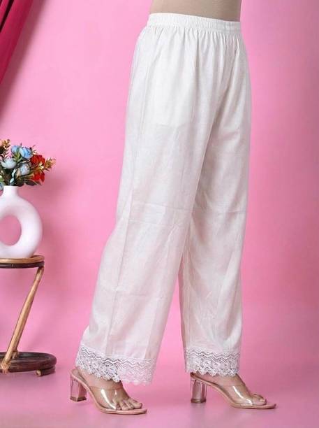 Women Loose Fit White Polycotton Trousers