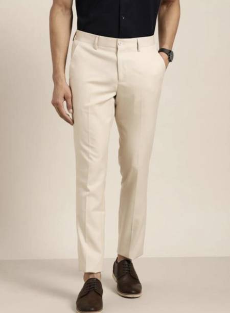 Men Slim Fit Cream Lycra Blend Trousers