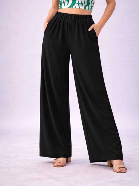 Women Relaxed Black Lycra Blend Trousers