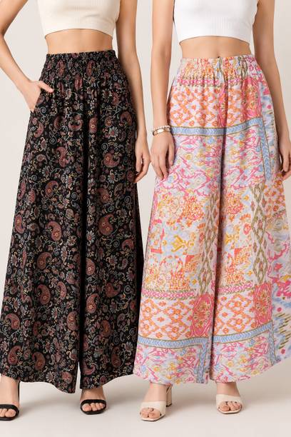 Pack of 2 Women Flared, Loose Fit Multicolor Viscose Rayon Trousers