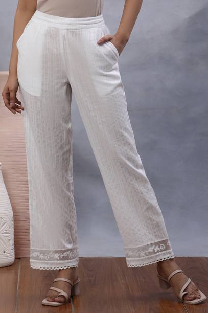 Women White Cotton Blend Trousers