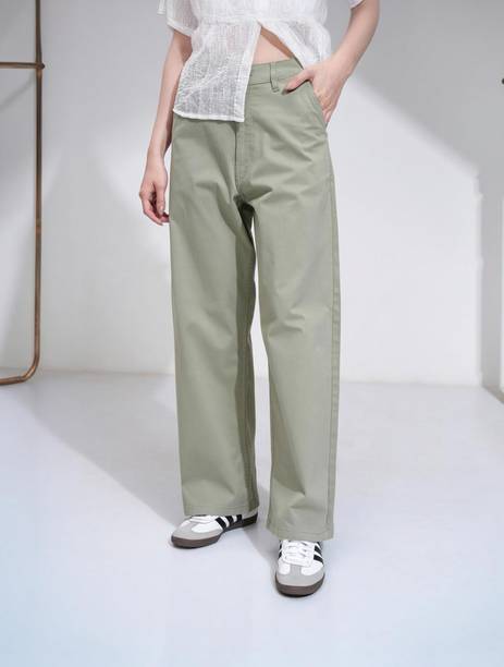 Women Flared Green Pure Cotton Trousers