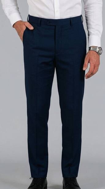 Men Regular Fit Blue, Dark Blue Cotton Blend Trousers