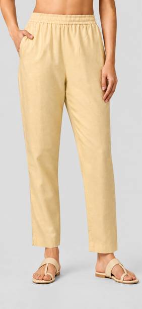 Women Relaxed Beige Pure Cotton Trousers