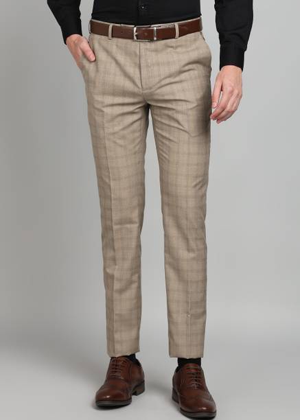Men Slim Fit Khaki Polyester Trousers