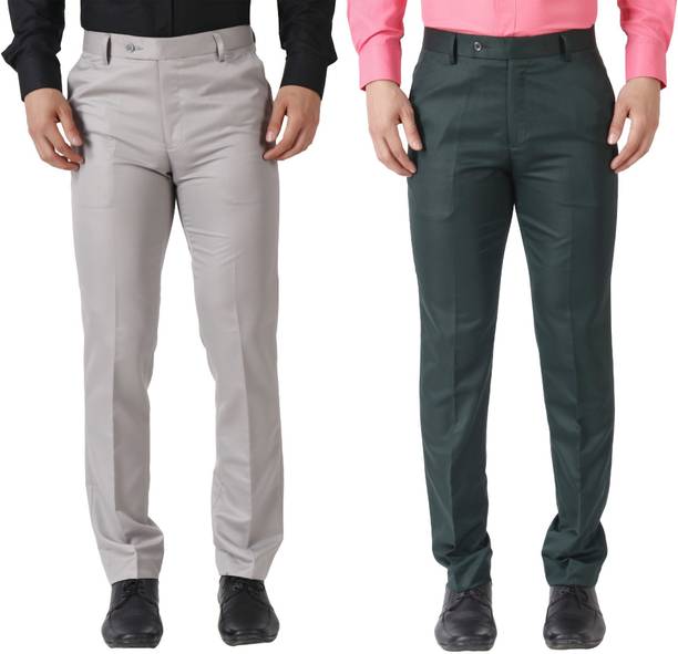 Pack of 2 Men Slim Fit Grey, Dark Green Cotton Blend Trousers