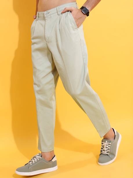 Men Regular Fit Light Green Cotton Blend Trousers