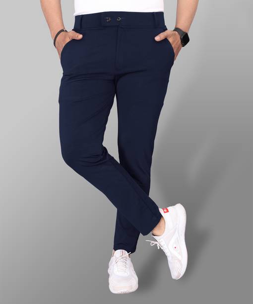 Men Slim Fit Blue Lycra Blend Trousers