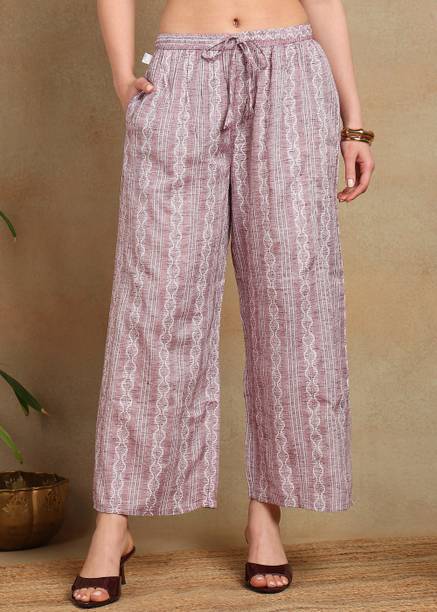 Women Straight Fit Brown Cotton Blend Trousers