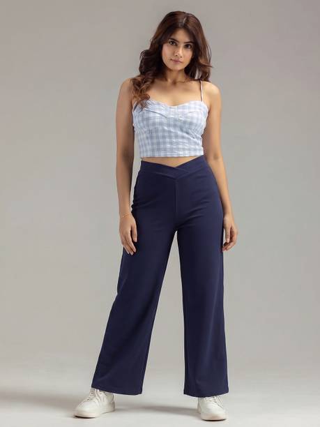 CORSICA Women Flared Blue Cotton Blend Trousers