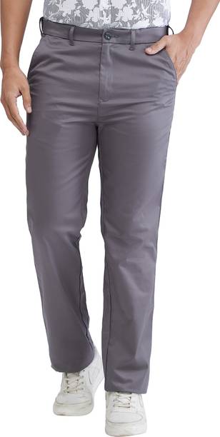Men Regular Fit Grey Pure Cotton Trousers