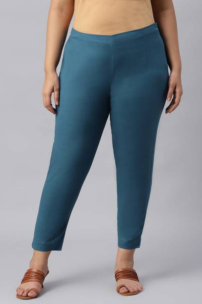 Women Skinny Fit Blue Cotton Silk Trousers