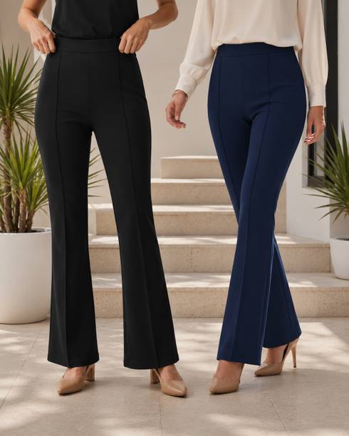 Regular Fit Women Black, Dark Blue Cotton Blend Trousers