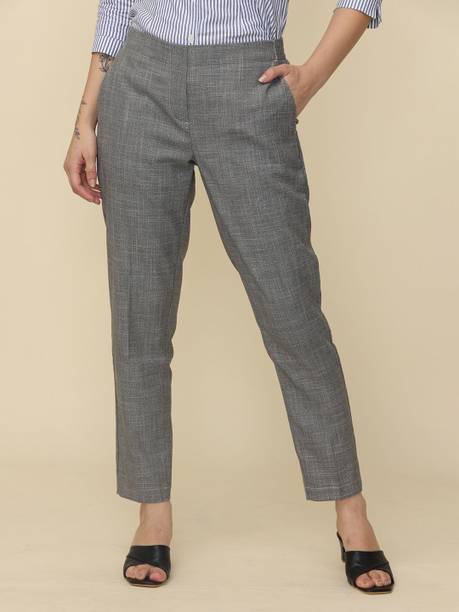 Women Slim Fit Grey Cotton Blend Trousers