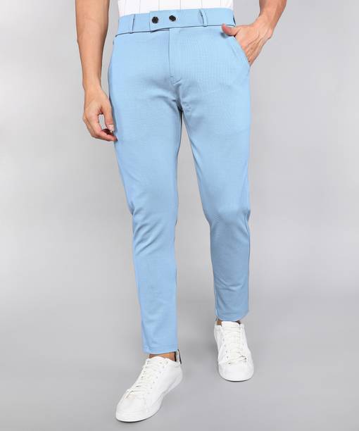 Men Slim Fit Light Blue Lycra Blend Trousers