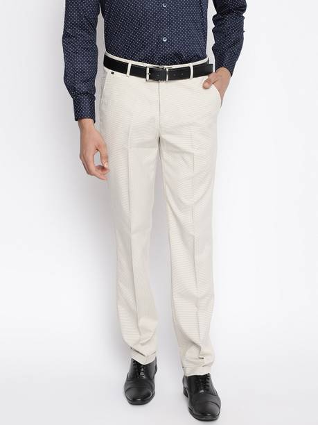Men Regular Fit Beige Pure Cotton Trousers