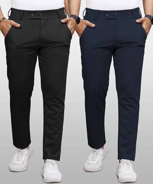 Pack of 2 Men Regular Fit Black, Dark Blue Lycra Blend Trousers