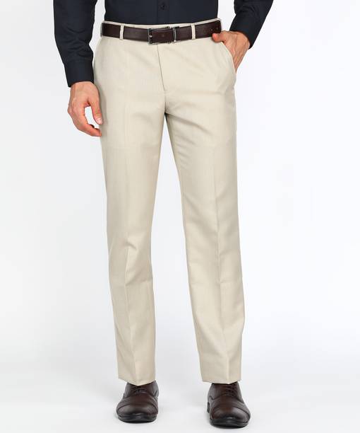Men Regular Fit Beige Polyester Trousers