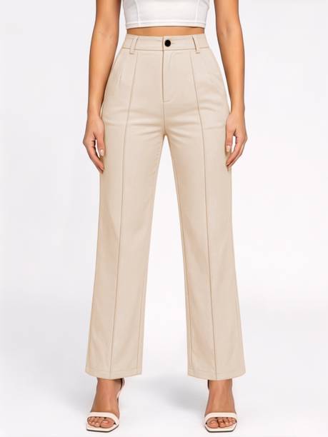 Women Regular Fit Beige Lycra Blend Trousers